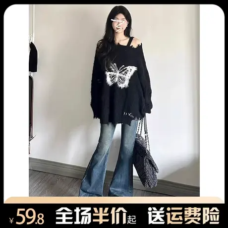 破洞毛衣女秋冬软糯慵懒风2023新款美式复古小众设计感针织上衣潮商品大图