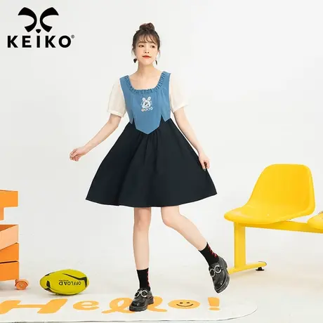 keiko洋气拼色泡泡袖连衣裙2022夏季气质露锁骨方领显瘦a字裙子图片