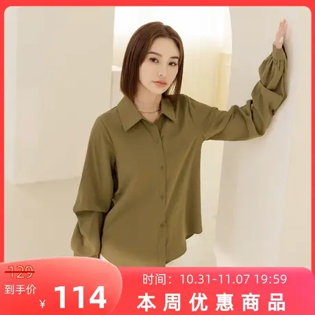 桔熊秋冬通勤设计感堆堆袖宽松不易皱翻领衬衫上衣女大码AB19048图片