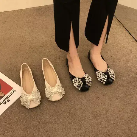 方头平底单鞋女2022年新款温柔风气质水钻蝴蝶结一脚蹬复古奶奶鞋商品大图