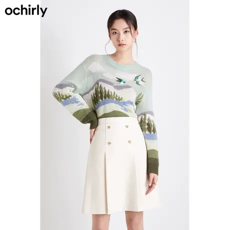 【百亿补贴官方直播】欧时力羊毛针织毛衣女秋装撞色提花绣章商品大图