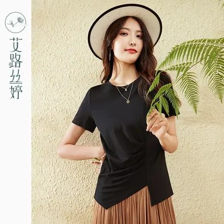 艾路丝婷褶皱短袖T恤女2023夏季新款圆领小众设计感不规则上衣商品大图