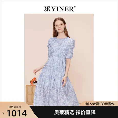 YINER音儿女装2023夏季新款圆领收腰显瘦碎花连衣裙图片
