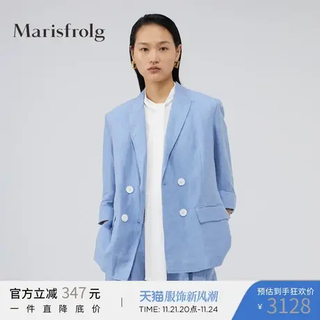 【亚麻系列】玛丝菲尔女装夏季新款蓝色亚麻休闲西装外套薄款图片