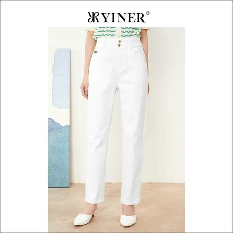 音儿美地女装2022秋季新款修身高腰白色小脚牛仔裤商品大图