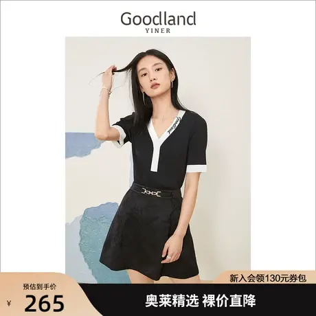 音儿美地女装2022夏季新字母印花撞色短袖V领针织衫套头商品大图