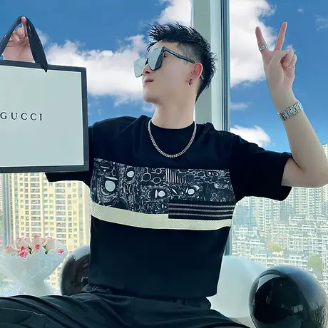 夏季男士打底衫t恤短袖宽松半袖潮流圆领拼接日系民族风时尚体恤商品大图