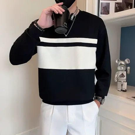 圆领卫衣男秋季2023新款宽松百搭拼色高级感长袖T恤重磅潮牌上衣商品大图