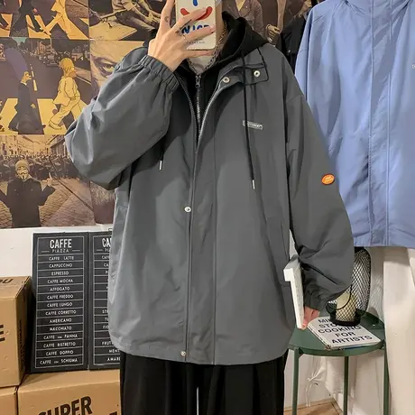 2024春秋季新款假两件男士外套潮流休闲工装港风开衫潮牌连帽夹克商品大图