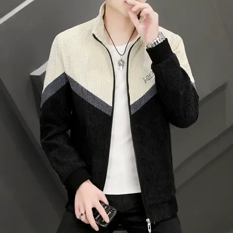 男士拼色刺绣外套2022韩版休闲夹克男装青年灯芯绒百搭潮流上衣服商品大图