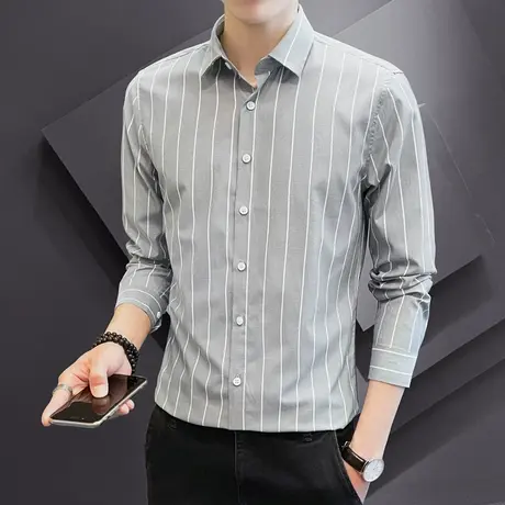 长袖衬衫男士冬季加绒加厚修身条纹衬衣秋冬款高级感帅气白寸衫男商品大图