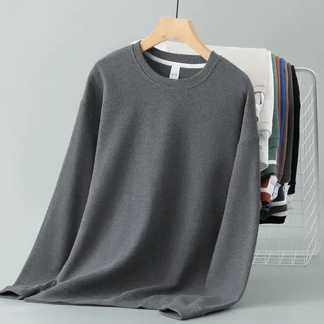 2024秋季新款华夫格卫衣男圆领加绒加厚无帽套头长袖t恤潮流百搭商品大图