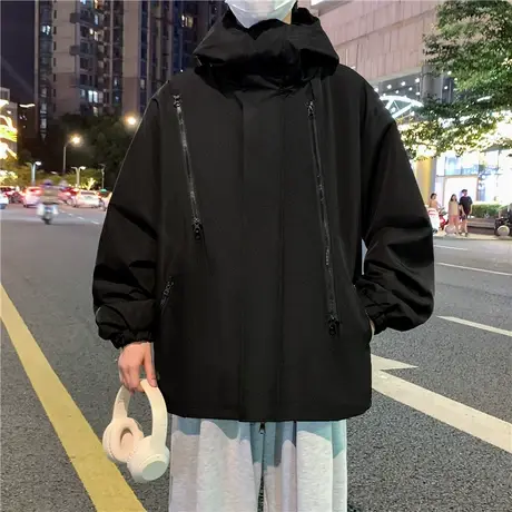 潮牌户外休闲运动连帽冲锋衣夹克衫男士宽松美式高街拉链机能外套商品大图