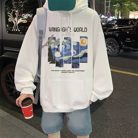 新款潮流宽松星空印花连帽套头卫衣男ins春秋季情侣休闲长袖外套商品大图