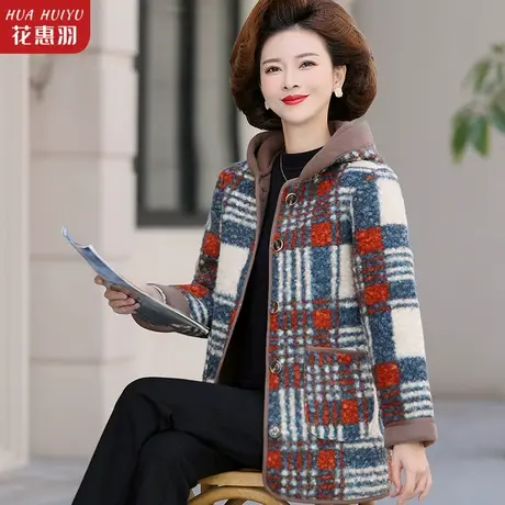 中年妈妈装秋冬装外套洋气上衣50岁中老年女冬款时尚新款连帽大衣图片