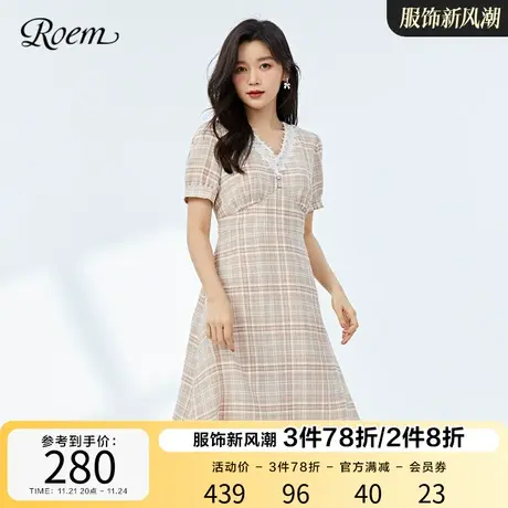 Roem格子泡泡袖商场同款春夏新品法式复古格纹公主甜美茶歇连衣裙图片