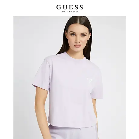 【38上新季】GUESS女士简约纯色纯棉圆领倒三角LOGO短袖T恤商品大图