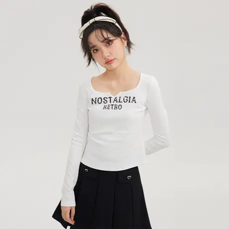 尔给甜辣长袖白色内搭v领打底衫t恤女春秋2022年新款修身显瘦上衣商品大图