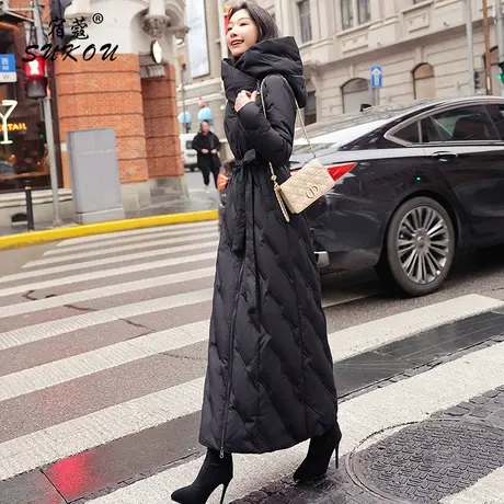 黑色高领羽绒服女2023年新款修身显瘦保暖超长款白鸭绒过膝到脚踝商品大图