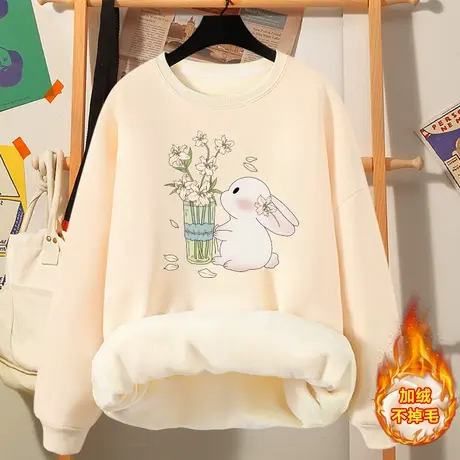 加绒圆领卫衣女2023秋冬季新款宽松小众风学生无帽上衣设计女秋冬商品大图