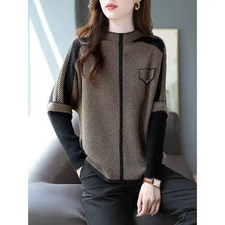 宝诗黎小立领蝙蝠长袖拼接条纹亮丝针织衫女2024春季新款时尚毛衣商品大图