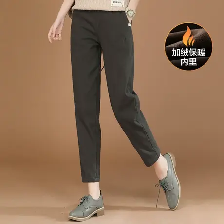 韩潮袭人松紧腰卡其色加绒休闲裤女冬季新款直筒工装长裤子厚商品大图