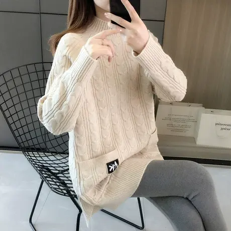 中长款毛衣女士秋冬2024新款复古麻花打底衫宽松半高领套头针织衫商品大图