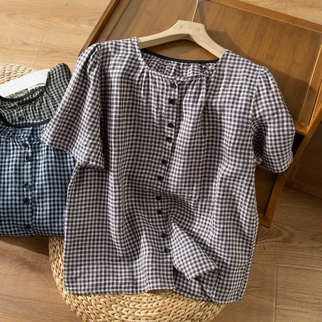 享永子短袖格子亚麻T恤女文艺复古宽松显瘦休闲上衣2023春夏新款图片