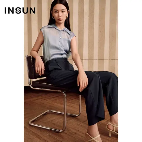 INSUN恩裳夏季三醋酸褶裥挺括直筒阔腿裤商品大图