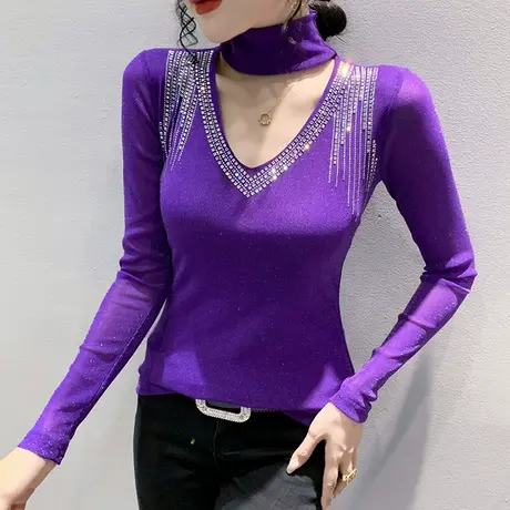 性感镂空上衣春秋2024新款内搭高领打底衫气质烫钻网纱T恤女长袖商品大图