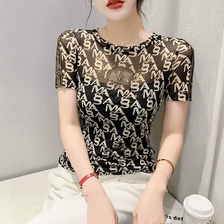 欧货性感女装气质网纱T恤短袖时尚别致印花上衣心机镂空修身小衫图片