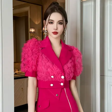 独特西装领职业气质花朵上衣2023年女装小众显瘦高端玫红色短外套商品大图