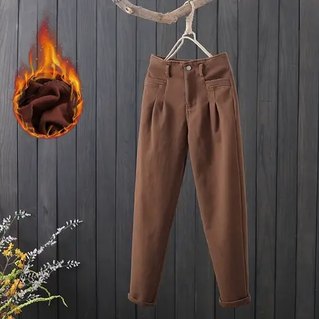 冬季新款加绒保暖休闲裤女文艺范纯色高腰长裤宽松哈伦裤小脚女裤商品大图