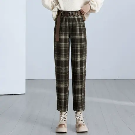 格子阔腿裤女2023年秋冬新款宽松直筒休闲裤百搭高腰小个子九分裤图片