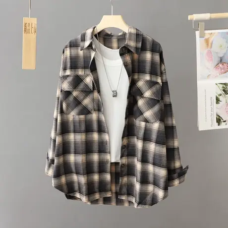 复古港风休闲格子衬衫外套女春秋季2024新款韩版宽松衬衣开衫上衣图片