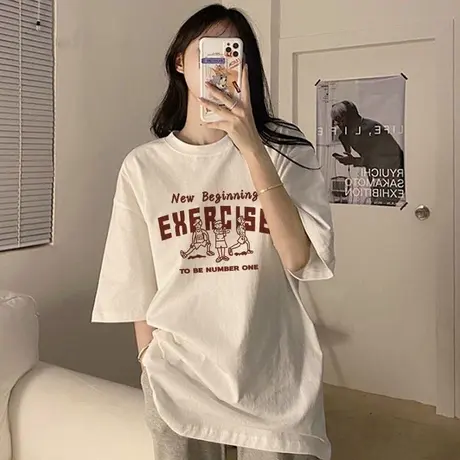 2024夏季韩版字母印花短袖t恤女慵懒宽松中长款休闲百搭上衣商品大图