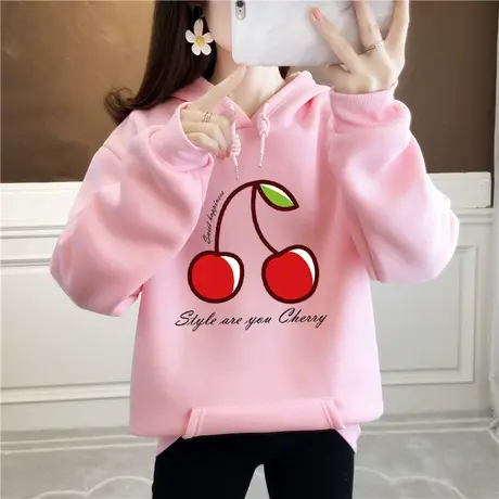新款韩版潮牌卫衣女2024年秋冬季印花樱桃宽松慵懒风加绒上衣外套商品大图
