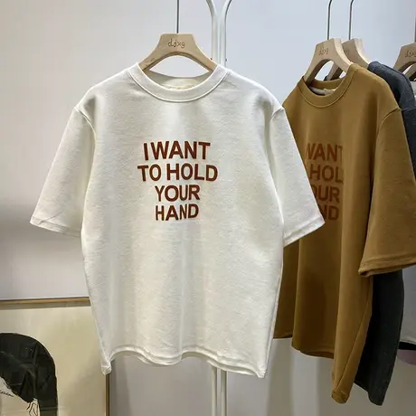 夏季韩版洋气简约百搭大字母印花磨毛棉塌肩短袖t恤女打底衫上衣图片