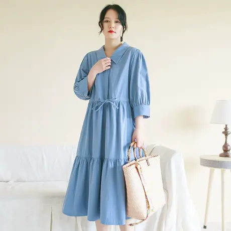 胖妹妹2025秋简约复古气质衬衫连衣裙大码纯棉文艺七分图片