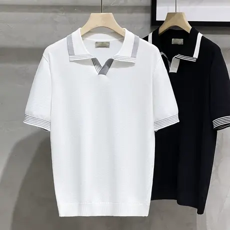 夏季舒适轻熟风潮牌针织Polo衫男士复古度假风翻领短袖T恤男体恤商品大图