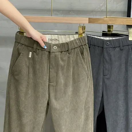 秋季松紧腰重磅灯芯绒休闲裤男士秋冬小西裤直筒休闲九分裤子男裤图片