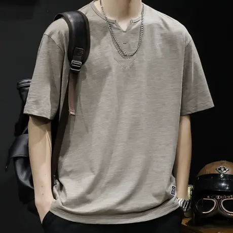 V领POLO衫短袖t恤男士半袖上衣潮牌胖子大码2024新款男装体恤夏季商品大图