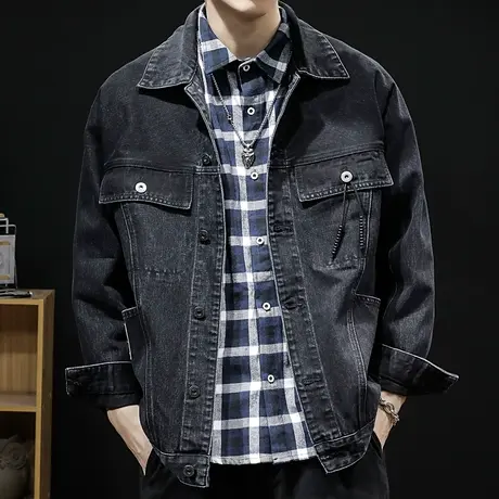 黑色春秋牛仔外套男宽松加肥加大秋季韩版潮流休闲工装夹克大码潮商品大图