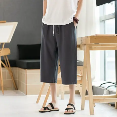 亚麻五分裤透气裤子夏季男款宽松直筒棉麻七分裤薄款男士休闲裤A商品大图