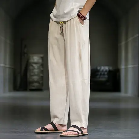 秋季中国风棉麻直筒坠感九分裤裤口开衩哈伦裤年轻气质百搭长裤男商品大图