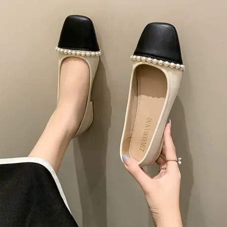 豆豆鞋女夏季2024年新款一脚蹬女鞋低跟法式珍珠温柔晚晚粗跟单鞋商品大图