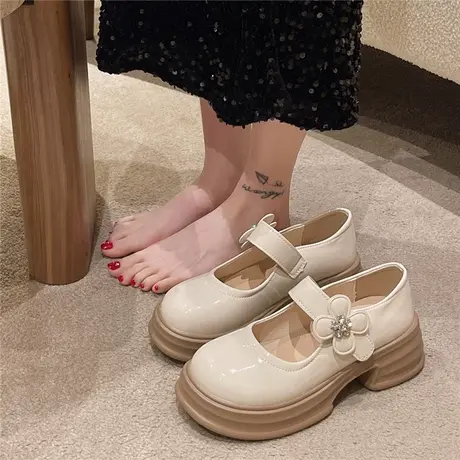玛丽珍鞋女2024年夏季新款松糕厚底法式复古浅口魔术贴高跟小皮鞋商品大图