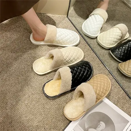 时尚高级感防水皮面棉拖鞋女冬居家防滑室内月子拖鞋保暖毛毛拖女商品大图