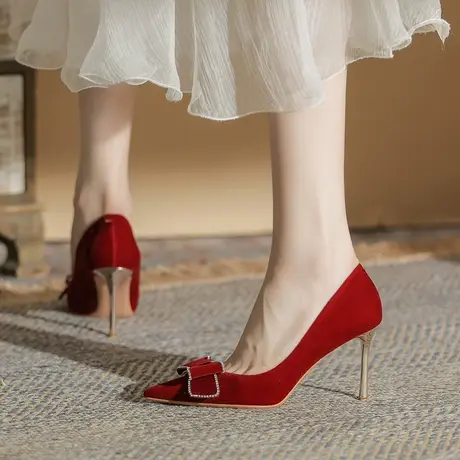 2024年春夏新款红色高跟鞋女细跟性感蝴蝶结水钻尖头浅口新娘婚鞋商品大图
