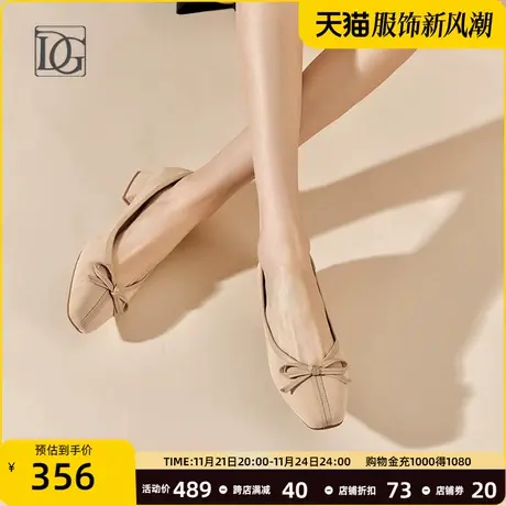 商场同款蝴蝶结浅口方头单鞋女粗跟2024新款早春休闲真皮皮鞋图片